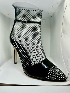 PrettyLittleThing Black Diamante Fishnet Heeled Boots – Size 7 – NEW